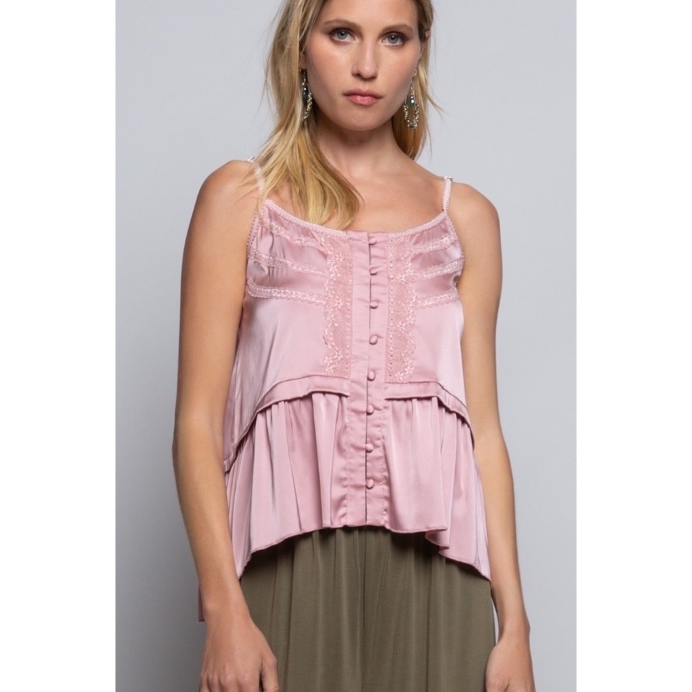 POL Pink Satin Button Front Cami Top with Lace - Picture 4 of 8